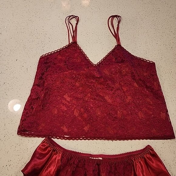 Vintage Victorias Secret Women's Size M Satin Cami High Short Set Gold Label Red - Picture 2 of 9